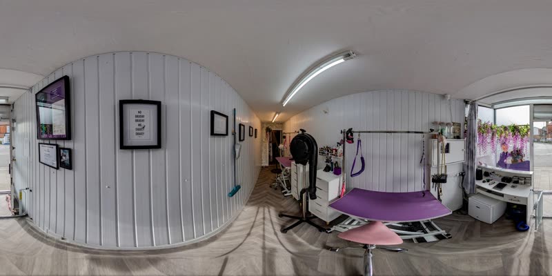 Inside the grooming salon, with panelled walls and the grooming bath